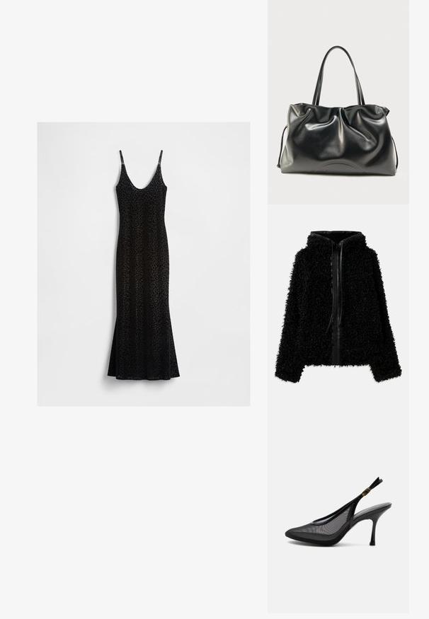 Schwarze Kapuzenjacke aus flauschigem, strukturiertem Stoff mit einem Reißverschluss und Lederelementen am Kragen und an der Vorderseite.; Schwarzes ärmelloses Kleid mit Leopardmuster, ausgestelltem Saum und rundem Ausschnitt. Hergestellt aus einem weichen, strukturierten Stoff.; Schwarzer spitzer Slingback-Pumps mit Mesh-Einsätzen und einer goldfarbenen Schnalle am Knöchelriemen, auf weißem Hintergrund dargestellt.; Schwarze glänzende Leder-Shoppertasche mit zwei Schulterriemen und leicht zerknitterter Textur, vor einfachem hellem Hintergrund präsentiert.
