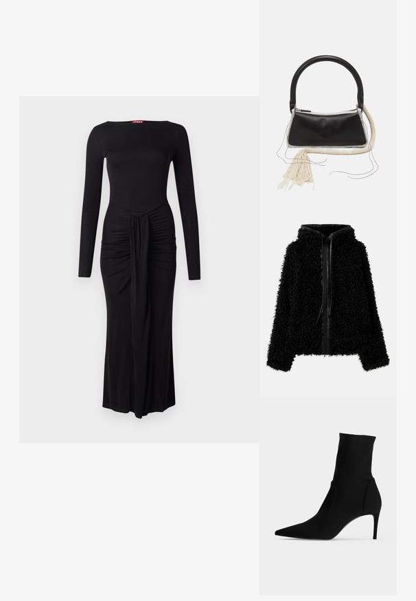 Sort hættejakke lavet af fluffy, struktureret stof med lynlås og læderdetaljer langs kraven og forsiden.; Sort langærmet kjole med en tætsiddende bodice, sammensamlet tekstur ved taljen og en lige kant, lavet af blødt strækstof.; Sort ankelstøvle med spids tå og slank høj hæl, vist i profil på en lys baggrund. Elegant, minimalistisk design.; Sort lædertaske med et afrundet håndtag, sølv lynlås, hvid pelskant og en lang cremet kvast hæftet på forsiden.