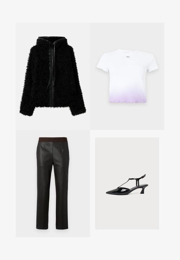 Sort hættejakke lavet af fluffy, struktureret stof med lynlås og læderdetaljer langs kraven og forsiden.; Hvid ribbet crop top med korte ærmer, med en subtil lilla gradient ved kanten og et lille Moschino-label på brystet.; Sorte faux læderbukser med en brun logo-linning, lige pasform, foran plisséer og glat tekstur.; Sort laklæder sko med lav hæl, spids tå, T-rem og spænde lukning på lys neutral baggrund.