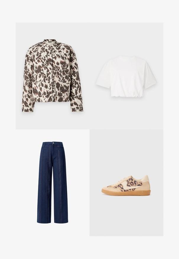 Chaqueta acolchada con un tejido ligero, que presenta un audaz patrón salpicado en marrón y crema, cuello con pie de gallo y dos bolsillos frontales de parche.; Camiseta blanca corta con mangas cortas abullonadas, cuello redondo y dobladillo inferior fruncido, fabricada en suave tela de algodón.; Pantalones vaqueros de pierna ancha en azul oscuro, con patrones de rayas verticales en rojo y blanco. Diseñados con un botón delantero y bolsillos en las caderas.; Zapatillas de leopardo con parte superior de ante beige, suela de goma marrón y acentos blancos. Punta redonda y diseño con cordones con un acabado texturado.