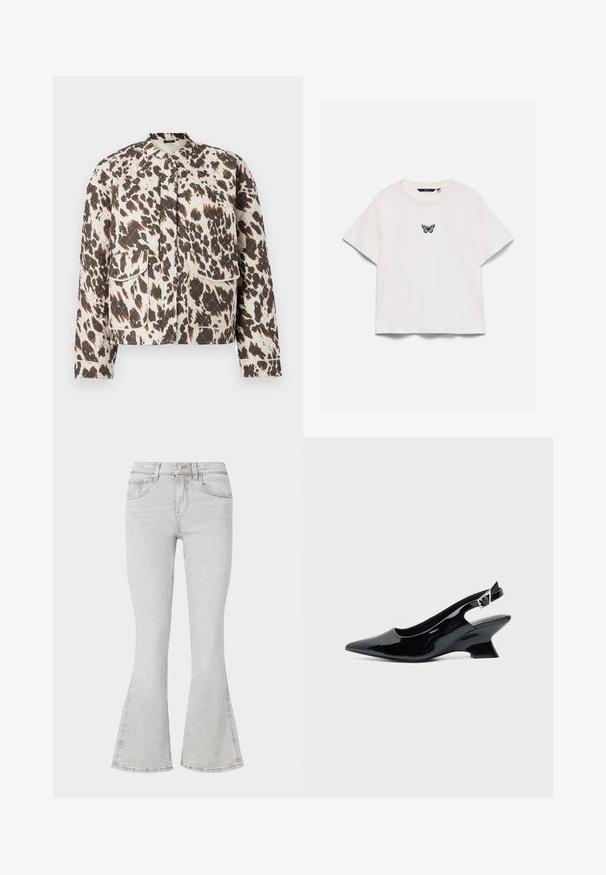 Veste matelassée avec un tissu léger, arborant un audacieux motif éclaboussé marron et crème, un col montant et deux poches plaquées à l'avant.; T-shirt blanc à manches courtes avec col rond et petit motif papillon violet et noir centré sur la poitrine.; Jean flare gris clair avec un design classique à cinq poches, coupe slim au niveau des cuisses et bas flammés à la cheville.; Chaussure slingback en cuir verni noir avec bout pointu et petit talon bloc incliné sur fond clair uni.