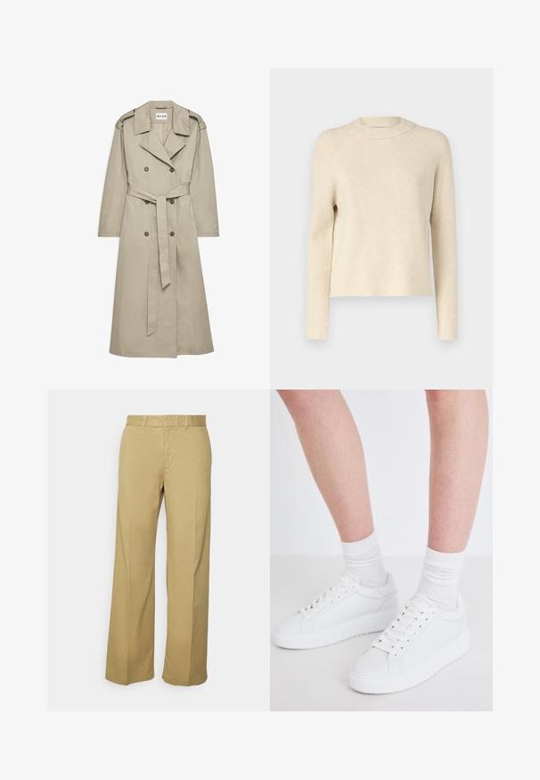 Beige trenchcoat gemaakt van lichtgewicht stof. Heeft een dubbelzijdige knopen, een ceintuur in de taille en een kraag met schouderepauletten.; Geribbelde gebreide trui in roomkleur met een ronde hals, lange mouwen en een rechte pasvorm. Zachte textuur met subtiele tonale variaties door het geheel.; Khaki wijde broek van een lichte katoenmix, met een rits en riemlussen. Soepele textuur met een nette afwerking.; Copenhagen Studios CPH72 - Sneakers laag - white