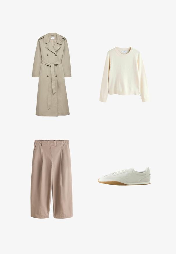 Beige trenchcoat gemaakt van lichtgewicht stof. Heeft een dubbelzijdige knopen, een ceintuur in de taille en een kraag met schouderepauletten.; Crème-kleurige pullover trui, gemaakt van zacht breiwerk, heeft een ronde halslijn, geribbelde boorden en zoom, en raglanmouwen.; Beige wijde cropped broek met riemlussen, zijzakken, voorplooien en kleine splitjes aan de zoom.; Witte lage sneaker met bruine rubberen zool, stikseldetails, veterluiting aan de voorkant en geborduurd logo aan de zijkant.