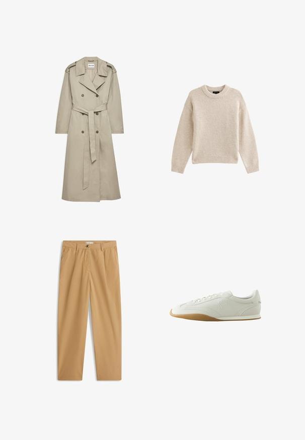 Beige trenchcoat lavet af letvægtsstof. Har dobbeltradede knapper, en bæltet talje og en krave med skulderklapper.; Beige strikket sweater med rund hals, lange ærmer og ribbet kant. Tekstureret stof med en blød udseende. Enkel og alsidig design.; Beige afslappede bukser med lige ben, sidelommer, bæltestropper, knaplukning og lynlås.; Hvid lav sneaker med brun gummisål, syningsdetaljer, snørelukning foran og broderet logo på siden.