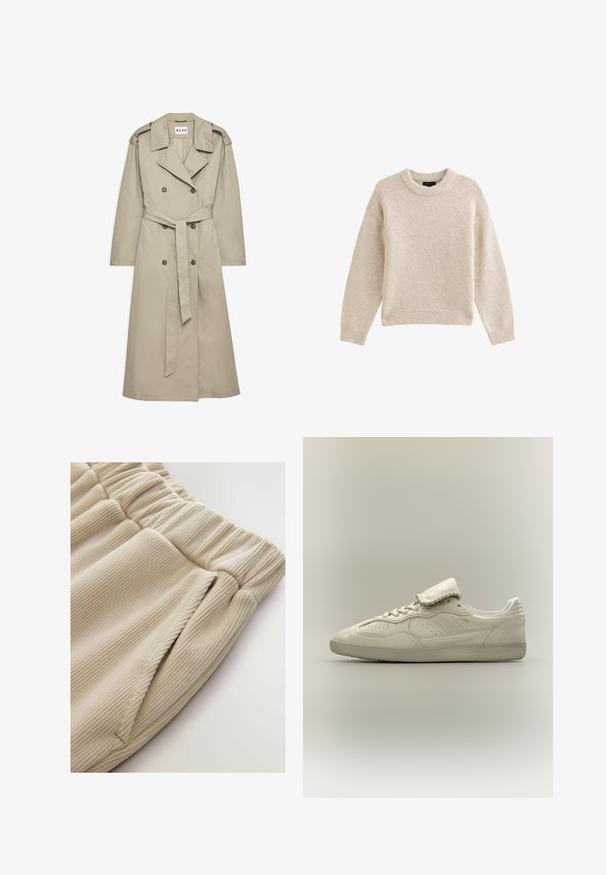 Trench de color beige hecho de un tejido ligero. Presenta botones de doble botonadura, una cintura ceñida con cinturón y un collar con hombreras.; Jersey de punto beige con cuello redondo, mangas largas y dobladillo acanalado. Tela texturizada con una apariencia suave. Diseño simple y versátil.; Joggers de tela acanalada beige con cintura ajustada y bolsillos laterales, que exhiben una textura suave y un diseño casual.; Zapatilla baja blanca con suela texturizada, cierre con cordones en la parte delantera, lengüeta acolchada y sutil marca dorada en el lateral, mostrada sobre un fondo neutro.