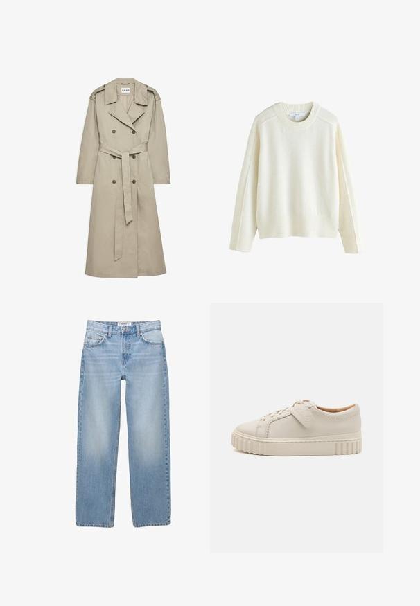 Beige trenchcoat gemaakt van lichtgewicht stof. Heeft een dubbelzijdige knopen, een ceintuur in de taille en een kraag met schouderepauletten.; Next CREW NECK - Trui - ecru; Lichtblauwe denim jeans met een recht model, vijf zakken en zichtbare stiksels. De stof heeft een zachte, iets vervaagde textuur.; Witte leren sneaker met een gestructureerde teentop, gestikte details en een geribbelde rubberen zool. Inclusief een merklabel aan de zijkant.
