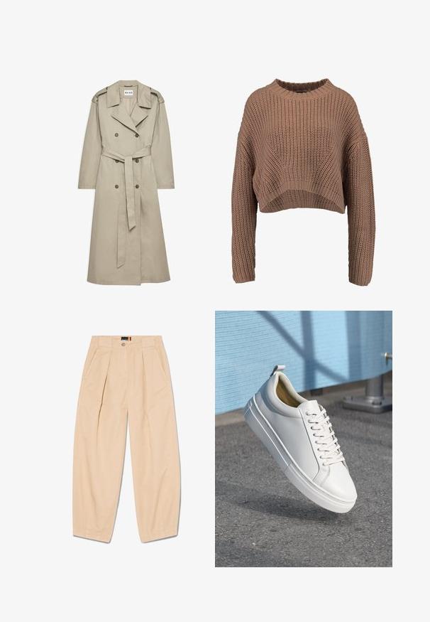 Beige trenchcoat lavet af letvægtsstof. Har dobbeltradede knapper, en bæltet talje og en krave med skulderklapper.; Brun strikket cropped sweater med ribbet struktur, brede ærmer og rund hals. Blødt, chunky materiale med en afslappet pasform.; Beige, vidde bukser lavet af letvægtsstof. Har læg foran og sidelommer. Glat tekstur og minimalistisk design.; Hvide lædersneakers med flade snørebånd, rund tå, gummisål og en lille løkke ved hælen. Glat tekstur med minimale designdetaljer.