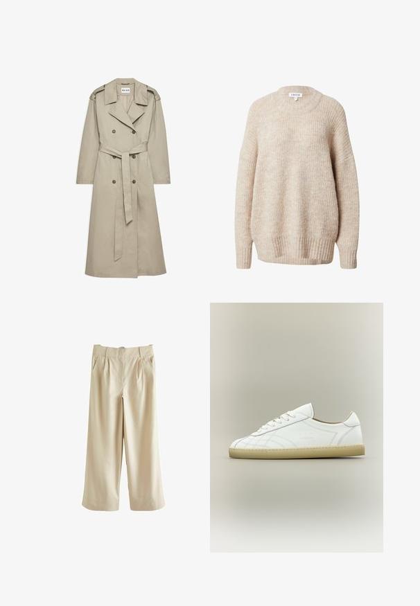 Beige trenchcoat gemaakt van lichtgewicht stof. Heeft een dubbelzijdige knopen, een ceintuur in de taille en een kraag met schouderepauletten.; Beige gebreide trui met een ronde hals, verlaagde schouders en geribbelde manchetten en zoom. Heeft een gestructureerde, licht losse pasvorm.; Next SMART WIDE LEG - Broek - stone; Witte lage leren sneaker met beige zool, vetersluiting en subtiele gestikte patronen op een neutrale achtergrond.