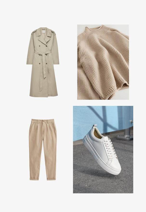 Beige trenchcoat lavet af letvægtsstof. Har dobbeltradede knapper, en bæltet talje og en krave med skulderklapper.; Strikket sweater i lys beige med en ribbestrikket tekstur, udstyret med en høj krave og en bred, afslappet silhuet. Markeret med en struktureret syning.; Beige chinos lavet af let bomuldsstof. Har en tilspidset benform, frontfolder, sidelommer og rullede manchetter. Børstet tekstur.; Hvide lædersneakers med flade snørebånd, rund tå, gummisål og en lille løkke ved hælen. Glat tekstur med minimale designdetaljer.