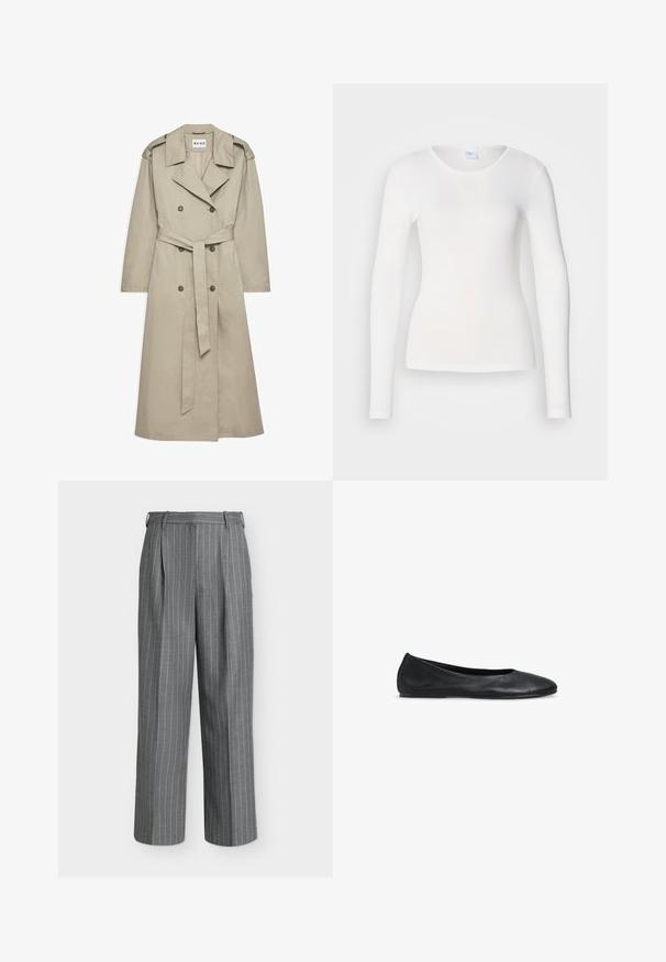Bež trench coat, mis on valmistatud kergetest kangast. Omab kahekordseid nööpe, vöö külge kinnitatud taljet ning kaelust koos õlavarre epaulettidega.; Valge pika varrukaga särk, mis on valmistatud pehmest ja siledast kangast; sellel on ümar kaelus ja lähedane lõike, ilma mustrite või kaunistusteta.; Hallid kõrge vöökohaga püksid valgete vertikaalsete nööpnõela triipudega ja laiade sääreosadega, tavalise heleda tausta ees.; Mustast nahast naiste baleriinaking ümarate varvaste ja madala kontsaga, valgel taustal.