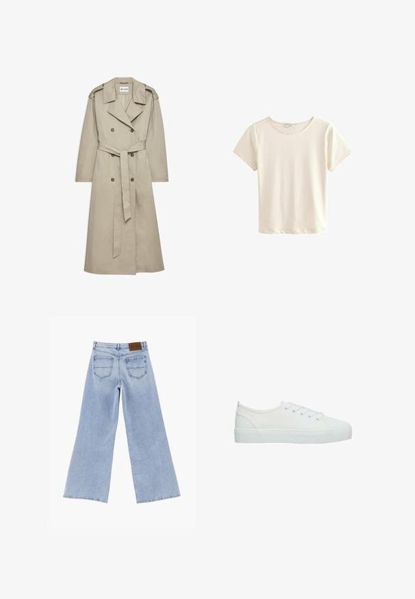 Trench de color beige hecho de un tejido ligero. Presenta botones de doble botonadura, una cintura ceñida con cinturón y un collar con hombreras.; Camiseta de cuello redondo de manga corta en suave tejido color beige claro. Diseño simple con corte recto y sin patrones ni acentos.; Vaqueros anchos de mezclilla azul claro mostrados desde atrás con dos bolsillos de parche y una etiqueta de marca de cuero marrón en la cintura.; Zapatilla baja blanca de lona con cordones blancos, suela de goma gruesa y puntera texturizada, mostrada de lado sobre un fondo blanco.