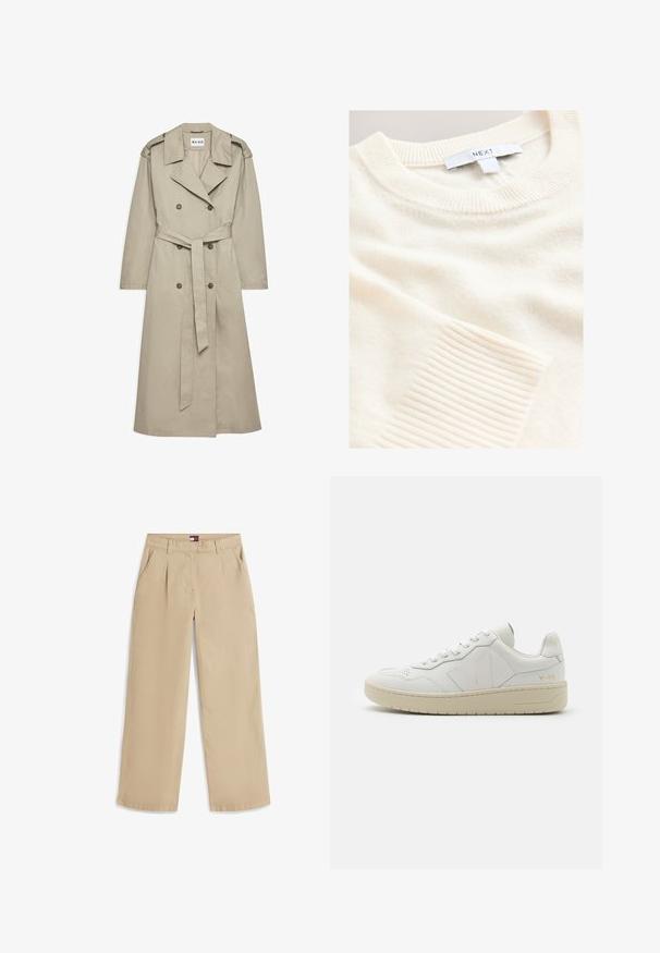 Beige trenchcoat gemaakt van lichtgewicht stof. Heeft een dubbelzijdige knopen, een ceintuur in de taille en een kraag met schouderepauletten.; Crèmekleurige gebreide trui met een geribde kraag en accenten aan de mouwen. Gemaakt van zacht materiaal, met een subtiele textuur door het hele kledingstuk.; Beige rechte broek met voorplooien, zijzakken, riemlussen en een klein logo-label aan de binnenkant van de tailleband.; Witte leren sneakers met geperforeerde teendoos, contrasterende beige rubberen zool en logo-accenten op de zijkant en hiel. Minimalistisch ontwerp.