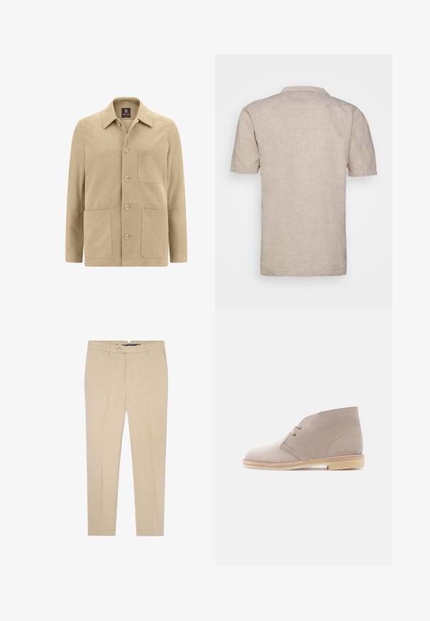 Beige nahkahousu, jossa on terävä kaulus, edessä nappisulku ja kaksi suurta etutaskua, sekä pieni tasku vasemmalla puolella.; Lyhythihainen beige pellavapaita, jossa on kaulus, teksturoitu kangas ja suora helma, ilman näkyviä kuvioita tai yksityiskohtia.; Beige-huoniset suorat housut, joissa on napitettava suljenta, vyölenkit ja kaksi etutaskua. Puuvillakangas, jossa on sileä rakenne.; Beigenvärinen mokkanahkainen nilkkuri, jossa on kahden reiän nauhakiinnitys, kreppipohja ja matala pino korko, esitetty sivulta yksivärisellä taustalla.
