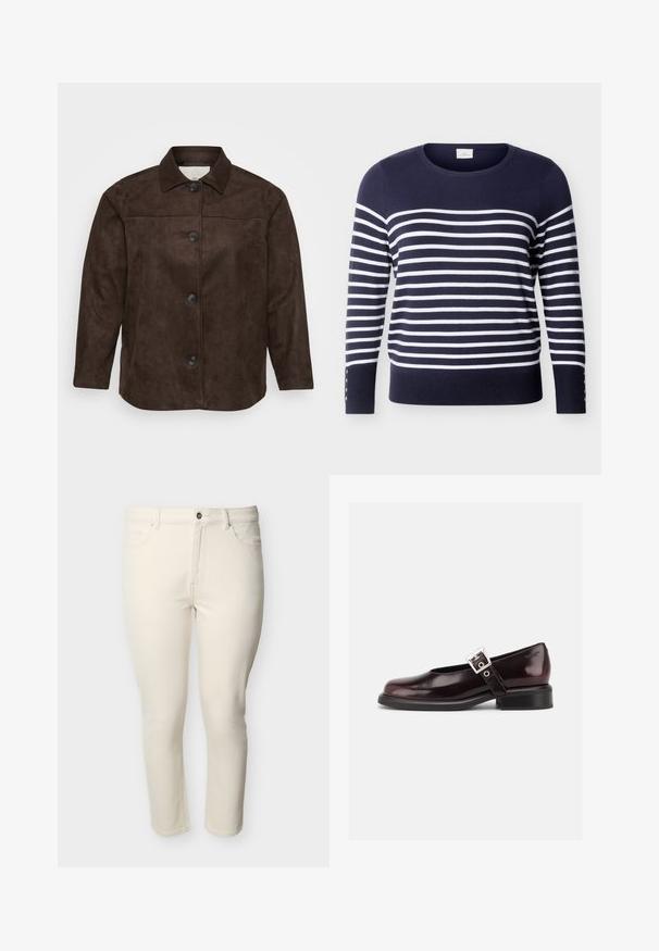 Brun ruskindsjakke med krave, fem sorte knapper fortil og lange ærmer. Glat tekstur og skræddersyet pasform.; Marineblå langærmet sweater med hvide, vandrette striber og knapdetaljer på underærmerne, rund halsudskæring.; Højttaljede, slim-fit jeans i cremefarvet med frontknap og lynlås, bæltestropper og fem-lomme-design.; En enkelt blank mørk burgunder Mary Jane sko med bred rem og sølvspænde, lav blokhæle og rundet tå på hvid baggrund.