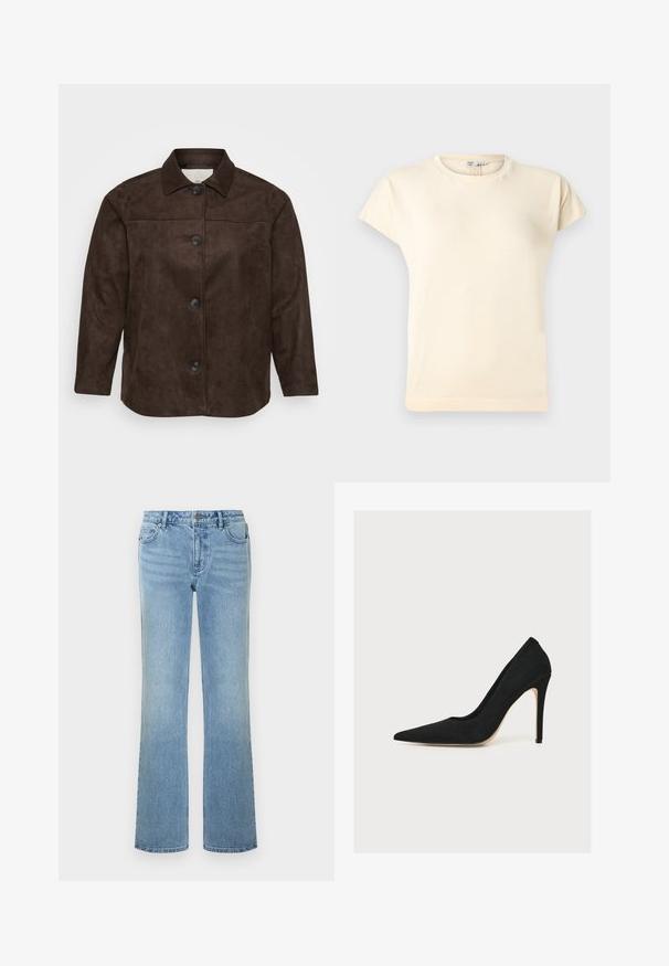 Bruine suedew jacket met een kraag, vijf zwarte knopen aan de voorkant en lange mouwen. Glad texture en een getailleerde pasvorm.; Crèmewit T-shirt met korte mouwen en ronde hals, met een iets losse pasvorm en minimale stiksel details.; Lichtblauwe jeans met rechte pijpen, gemaakt van denim. Voorzien van vijf zakken, een knoopsluiting en subtiele vervaging voor een gedragen uitstraling.; Zwarte pump met spitse neus en dunne hoge naaldhak, van opzij gefotografeerd op een witte achtergrond.