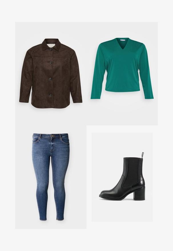 Bruine suedew jacket met een kraag, vijf zwarte knopen aan de voorkant en lange mouwen. Glad texture en een getailleerde pasvorm.; Groene long-sleeve top met een V-hals. Gemaakt van zacht materiaal, met een ontspannen pasvorm en een rechte zoom. Geen zichtbare patronen of accenten.; Strakke jeans gemaakt van donkerblauwe denim, met een ontwerp met vijf zakken, lussen voor een riem en een rafelige zoom bij de enkels. Naden zichtbaar.; Zwarte leren enkelboot met elastische zijkanten, ronde neus en blokhak. Gladde textuur met minimale stiknaaddetails.