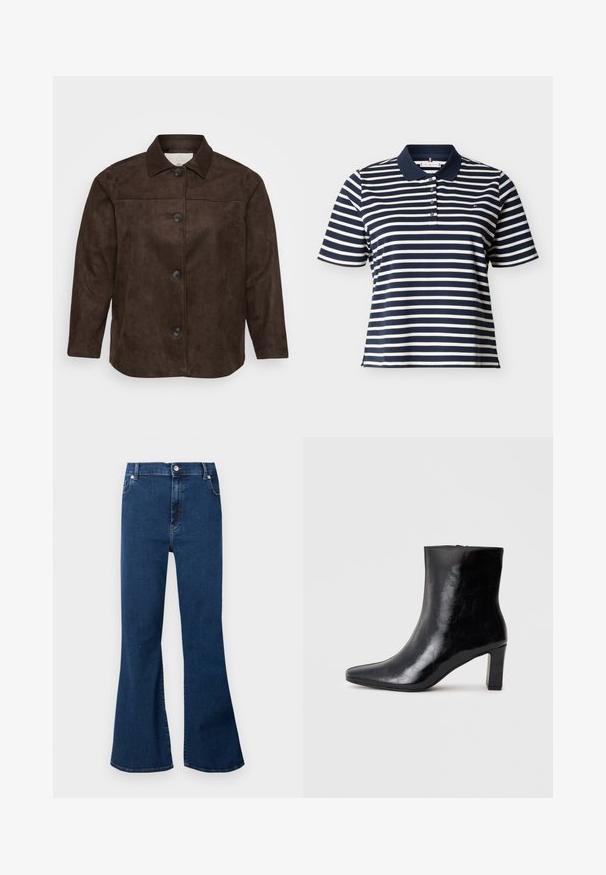 Bruine suedew jacket met een kraag, vijf zwarte knopen aan de voorkant en lange mouwen. Glad texture en een getailleerde pasvorm.; Navyblauw en wit horizontaal gestreept poloshirt met korte mouwen, een navyblauwe kraag en vier knopen op de knoopsluiting.; Donkerblauwe high-waisted spijkerbroek met brede uitlopende pijpen, knoopsluiting aan de voorkant en zakken, getoond tegen een lichte achtergrond.; Zwarte enkellaars gemaakt van glanzend leer, met een puntige neus en een gemiddelde blokhak, voorzien van een gladde textuur en een eenvoudig ontwerp.