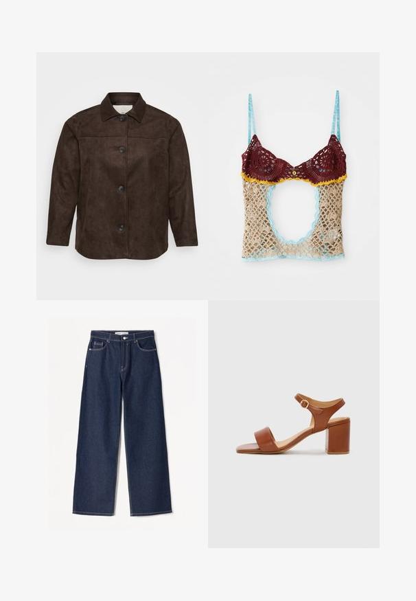 Bruine suedew jacket met een kraag, vijf zwarte knopen aan de voorkant en lange mouwen. Glad texture en een getailleerde pasvorm.; Kant bralette met bordeaux rode cups, gele accenten en een beige gehaakt lichaam. Heeft een sleutelgatopening en lichtblauwe bandjes.; Donkerblauwe wijdvallende jeans van denimstof met witte stiksels, heeft twee zijzakken en een klassieke knoopsluiting.; Bruine leren sandaal met hak, vierkante neus, verstelbare enkelband en blokhak. Gladde textuur en minimalistisch ontwerp.
