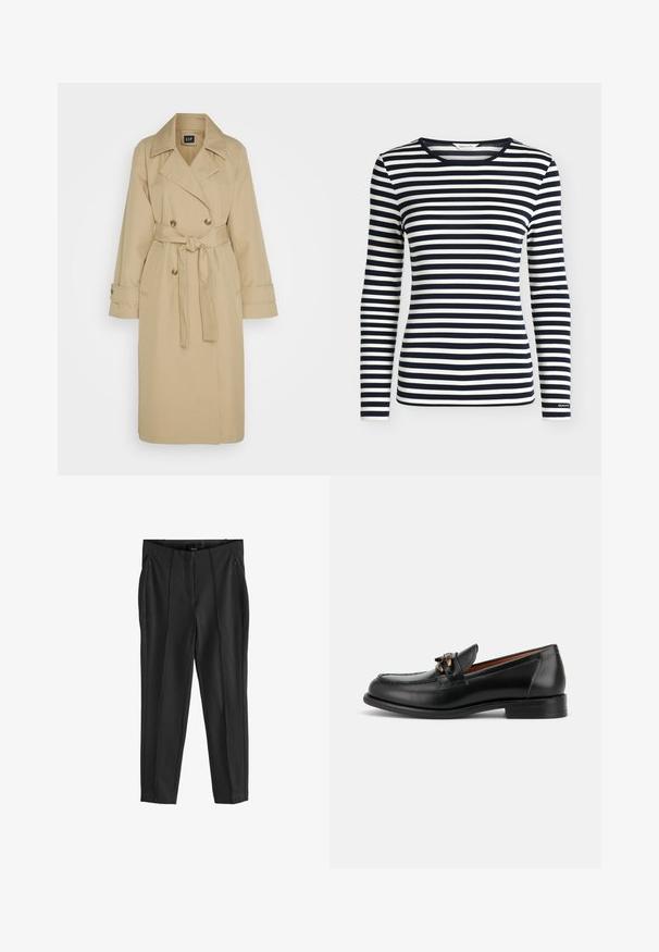 GAP ICON - Trench - khaki; Chemise à manches longues avec des rayures horizontales bleu marine et blanches et un col rond, brandée GANT sur le bord de la manche.; Pantalons noirs fuselés avec une texture lisse, dotés de deux poches zippées à l'avant et de plis avant pour un design structuré.; Mocassin en cuir noir avec un petit talon, un bout arrondi et un détail de boucle métallique décorative à l'avant.