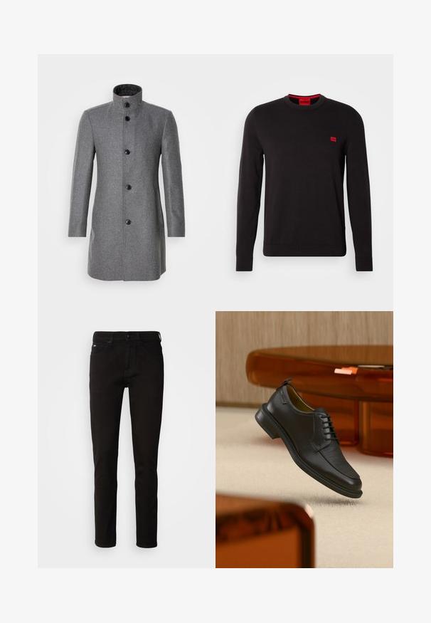 Grå uldfrakke med høj krave, tre sorte knapper og to sidelommer. Har en fiskebensmønster og en glat tekstur.; Sort crewneck sweatshirt lavet af blødt stof, med lange ærmer, ribbede manchetter og et lille rødt logo-patch på brystet.; Sorte denimjeans med lige ben, lynlås og fem lommer. Stoffet har en glat tekstur uden synlige mønstre.; Sort lædersko med snørebånd og tekstureret front, svævende over beige tæppe i et moderne rum med møbler i ravfarvet toning.