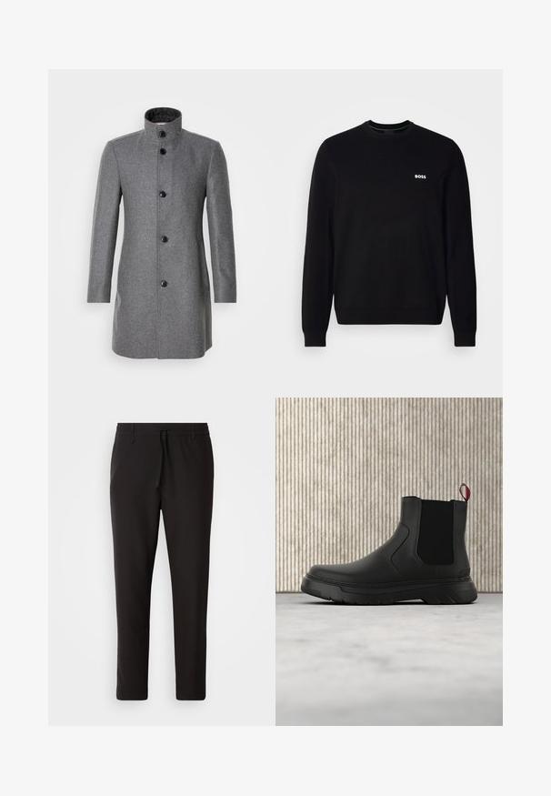 Hall hõbese villa mantel kõrge kraega, kolme musta nööbiga ja kahe külg-taskuga. Omab kalasabamustreid ja sileda tekstuuri.; Mustmustük pikkade varrukatega crewneck-sweater, mille vasakul rinnal on väike valge "BOSS" logo, ribitud varrukate ja allääriga, esitatud valge tausta ees.; Mustad jogger-püksid, mis on valmistatud siledast kangast. Omavad elastset pihaotsikut koos paelaga, kitsenevaid jalaosi ja nähtamatuid taskuid. Lihtne disain.; Mustad musta värvi ankle boot, millel on sile viimistlus, elastsed külgpaneelid ja kontrastne punane tõmbetaba. Saapadel on paks kummist tald ja ümar varvas.