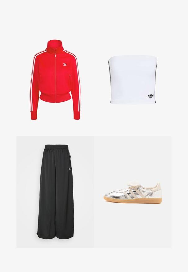 Červená bunda na zips s vysokým golierom, biele bočné pruhy a logo. Obsahuje dva predné vrecká na zips a ribované manžety a lem.; Biely bandeau top vyrobený z elastického materiálu. Obsahuje čierne bočné pruhy a malé čierne logo na okraji. Hladká textúra.; Čierne široké tréningové nohavice vyrobené z hladkej látky. Obsahujú elastický pás a bočné pruhy s logom.; Nízky teniska s lesklým strieborným vrškom, béžovými tromi pásmi, bielymi šnúrkami a hnedo béžovou gumovou podrážkou, zobrazená z profilu na bielom pozadí.