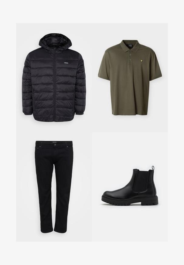 Zwarte doorgestikte pufferjas met capuchon, ritssluiting aan de voorkant, elastische manchetten, zijritszakken en een klein rechthoekig logo op de borst.; Olivengroen poloshirt met korte mouwen, drie knopen en een klein geel vogel-logo geborduurd op de linkerborst.; Zwarte spijkerbroek van denim met een rechte snit, voorzien van een klassieke vijf-pocketstijl, stevige stitching en een knoopsluiting.; Zign LEATHER - Lage laarzen - black