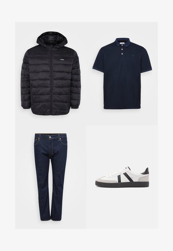 Zwarte doorgestikte pufferjas met capuchon, ritssluiting aan de voorkant, elastische manchetten, zijritszakken en een klein rechthoekig logo op de borst.; Navy polo shirt van zacht materiaal, met een klassieke kraag, een placket met drie knopen en contrasterende gestreepte accenten op de mouwen.; Donkerblauwe denim jeans met een rechte pijpdesign, voorzien van zichtbare stiksels in contrasterend geel, vijf zakken en een knoopsluiting aan de voorkant.; Witte sneaker met zwarte en grijze accenten, voorzien van een grijze neus met textuur, zwarte rubberen zool en platte witte veters. Schoon ontwerp, minimalistische stijl.