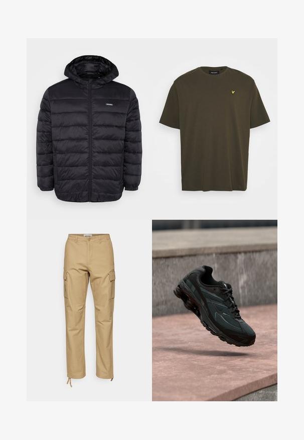 Zwarte doorgestikte pufferjas met capuchon, ritssluiting aan de voorkant, elastische manchetten, zijritszakken en een klein rechthoekig logo op de borst.; Lyle & Scott PLAIN - T-shirt basic - olive; Khaki cargobroek met een rechte pasvorm, gemaakt van katoen. Kenmerken zijn onder andere zijzakken, een knoopsluiting en verstelbare enkelbandjes.; Zwarte atletische sneaker met zichtbare luchtgeveerde tussenzool die boven een roze stenen oppervlak zweeft met een grijze stenen muur op de achtergrond.