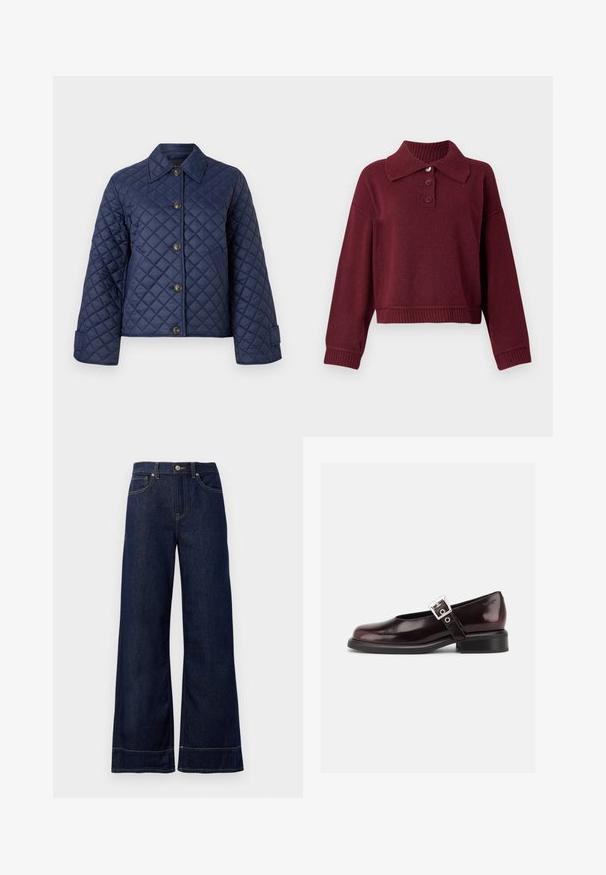 Veste matelassée bleu marine avec un col, huit boutons sur le devant, et des manches larges, présentée sur un fond blanc simple.; Pull beige avec col, patte de boutonnage à trois boutons et bords côtes. Texture douce avec une coupe décontractée.; Jean large bleu foncé en denim. Caractéristiques : fermeture par bouton, détails de couture et poches latérales. Ourlet évasé en bas.; Chaussure Mary Jane unique brillante couleur bordeaux foncé avec une large bride et une boucle argentée, talon bloc bas et bout arrondi sur fond blanc.