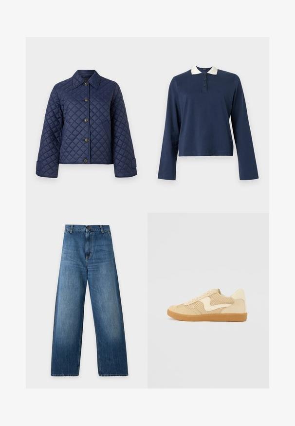 Marineblauwe gewatteerde jas met een kraag, acht knopen aan de voorkant en brede mouwen, weergegeven tegen een effen witte achtergrond.; Marineblauw poloshirt met lange mouwen, witte kraag en een placket met drie knopen, weergegeven op een effen achtergrond.; Blauwe wide-leg spijkerbroek met hoge taille, knoopsluiting, riemlussen en subtiel vervagen op de dijen en knieën.; Beige sneaker van suede en mesh materialen, ronde vorm, opvallende gepolsterde kraag en een gumrubberen zool. Kenmerkt zich door een golvend ontwerp accent.