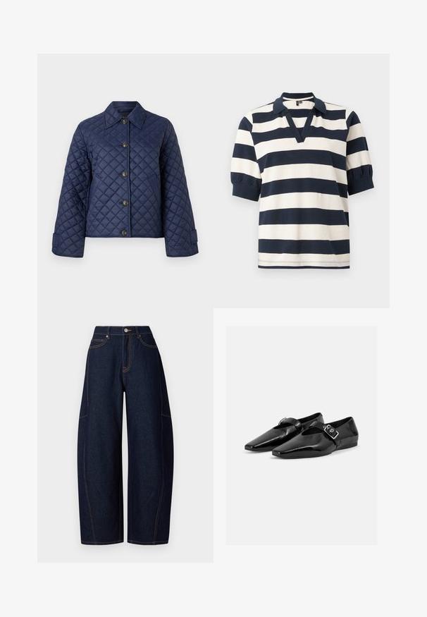 Veste matelassée bleu marine avec un col, huit boutons sur le devant, et des manches larges, présentée sur un fond blanc simple.; Polo en coton à rayures avec des rayures horizontalement blanches et marines, manches courtes bouffantes, décolleté en V et col à côtes.; Pantalons en denim bleu foncé à jambes larges avec des coutures orange contrastantes, cinq poches, et une fermeture à bouton et fermeture éclair à la taille.; Paire de chaussures plates en cuir verni noir à bouts pointus avec une bride à boucle sur le dessus, montrée sur un fond clair uni.