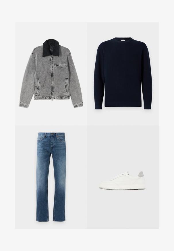 Grå denimjakke med en sort kordfløjlskrave, lynlås-lukning, en brystlomme og to sidelommer. Tekstureret stof med subtil falmning.; Mørkeblå ribstrikket sweater med rund hals, lange ærmer og en afslappet pasform. Blød tekstur, minimalistisk design og ingen synlige mønstre.; Blå denim jeans med lige ben design, falmede vask, fem lommer og kontrastsyning. Knap- og lynlås-lukning i taljen.; Hvid lavtop-sneaker med gråt hælflig, hvide snørebånd og tekstureret sål, vist på en ensfarvet lys baggrund.