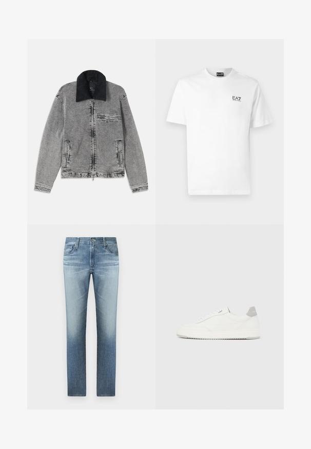 Grijze spijkerjas met een zwarte ribkraag, ritsluiting, één borstzak en twee zijzakken. Getextureerde stof met subtiele vervaging.; Witte katoenen t-shirt met een ronde halslijn, korte mouwen en een zwart EA7-logo op de linkerborst. Gladde, effen textuur.; Lichtblauwe denim jeans met een rechte pijpdesign, met een vervaagde wassingen, vijf zakken en een ritssluiting met een metalen knoopsluiting.; Witte lage sneaker met grijze hielpatch, witte veters en een gestructureerde zool, gepresenteerd op een effen lichte achtergrond.