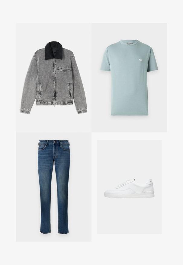 Grå denimjakke med en sort kordfløjlskrave, lynlås-lukning, en brystlomme og to sidelommer. Tekstureret stof med subtil falmning.; Lysblå kortærmet t-shirt lavet af bomuld, med rund halsudskæring og et lille broderet logo på venstre brystområde.; Denim jeans i en medium blå vask. Har et lige ben design, fem-lomme stil, front lynlås og kontrast syninger.; Hvid lavt sneaker med snørelukning, glat læderoverdel og tyk sål, vist fra siden på en ensfarvet baggrund.