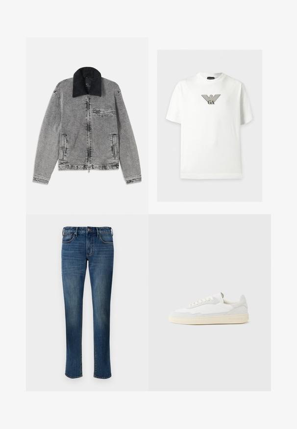 Grijze spijkerjas met een zwarte ribkraag, ritsluiting, één borstzak en twee zijzakken. Getextureerde stof met subtiele vervaging.; Witte T-shirt met korte mouwen, een ronde hals en een grijsgestrepen adelaarlogo in het midden van de borst.; Denim jeans in een gemiddelde blauwe was. Heeft een recht gesneden ontwerp, vijf zakken, een ritsluiting aan de voorkant en contrasterende stiksels.; Witte sneaker met een bovenwerk van gestructureerd suède en leer. Voorzien van een afgeronde neus, vetersluiting en een contrasterende beige rubberen zool.