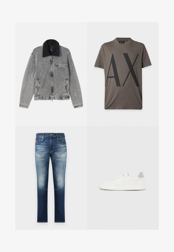 Grå denimjakke med en sort kordfløjlskrave, lynlås-lukning, en brystlomme og to sidelommer. Tekstureret stof med subtil falmning.; Kortærmet grå T-shirt med store sorte "AX" bogstaver trykt på fronten og rund halsudskæring.; Blå denimjeans med udvasket detaljering på lårene og knæene, klassisk fem-lomme stil og lige ben.; Hvid lavtop-sneaker med gråt hælflig, hvide snørebånd og tekstureret sål, vist på en ensfarvet lys baggrund.