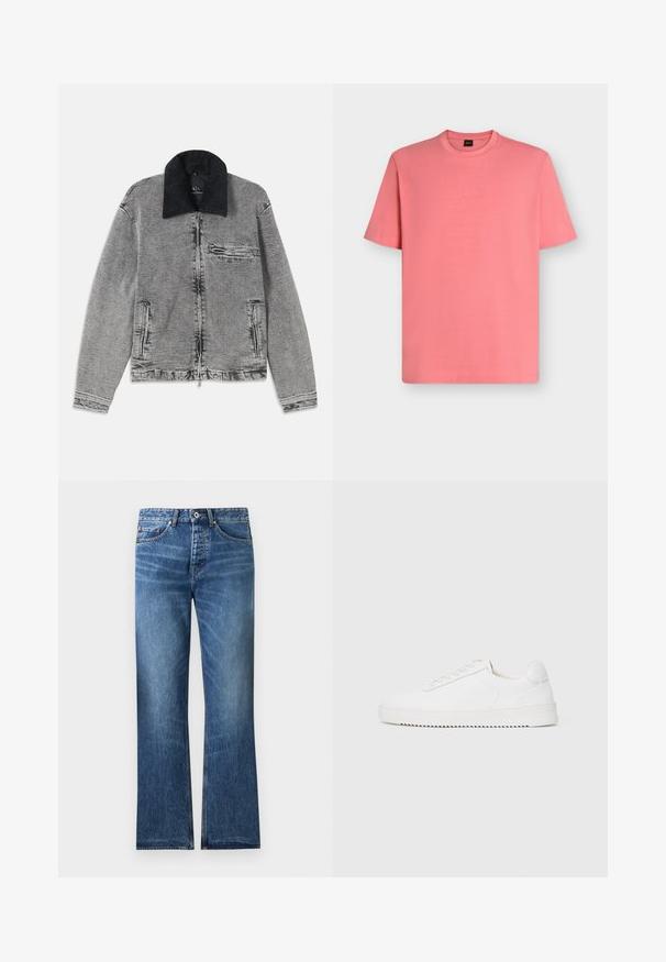 Grijze spijkerjas met een zwarte ribkraag, ritsluiting, één borstzak en twee zijzakken. Getextureerde stof met subtiele vervaging.; Koraalroze T-shirt met korte mouwen en ronde hals met subtiel geborduurd "BOSS"-logo op de borst, getoond op een effen achtergrond.; Blauwe denim jeans met een rechte pasvorm, vijf zakken, knoop- en ritsluiting, en subtiele vervaging op de dijen en knieën.; Witte sneaker met een gladleren bovenkant, ronde neus, veters, gestructureerde zijaccenten en een dikke rubberen zool. Minimalistisch ontwerp.