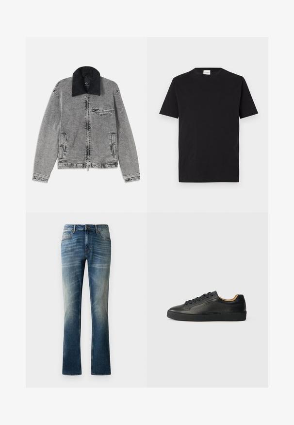 Graue Jeansjacke mit einem schwarzen Cordkragen, Reißverschluss, einer Brusttasche und zwei Seitentaschen. Texturiert mit subtilen Verfärbungen.; Schwarzes Baumwoll-T-Shirt mit Rundhalsausschnitt und kurzen Ärmeln. Hat einen geraden Schnitt und ein minimalistisches Design, mit einem sichtbaren Etikett am Kragen.; Blaue Jeans aus Denim mit geradem Bein, mit einer ausgewaschenen Optik, fünf Taschen und einem braunen Knopf am Bund.; Schwarze, niedrig geschnittene Ledersneaker mit strukturierter Oberfläche, schwarzen Schnürsenkeln und dicker Gummisohle, seitlich auf einem hellen Hintergrund dargestellt.