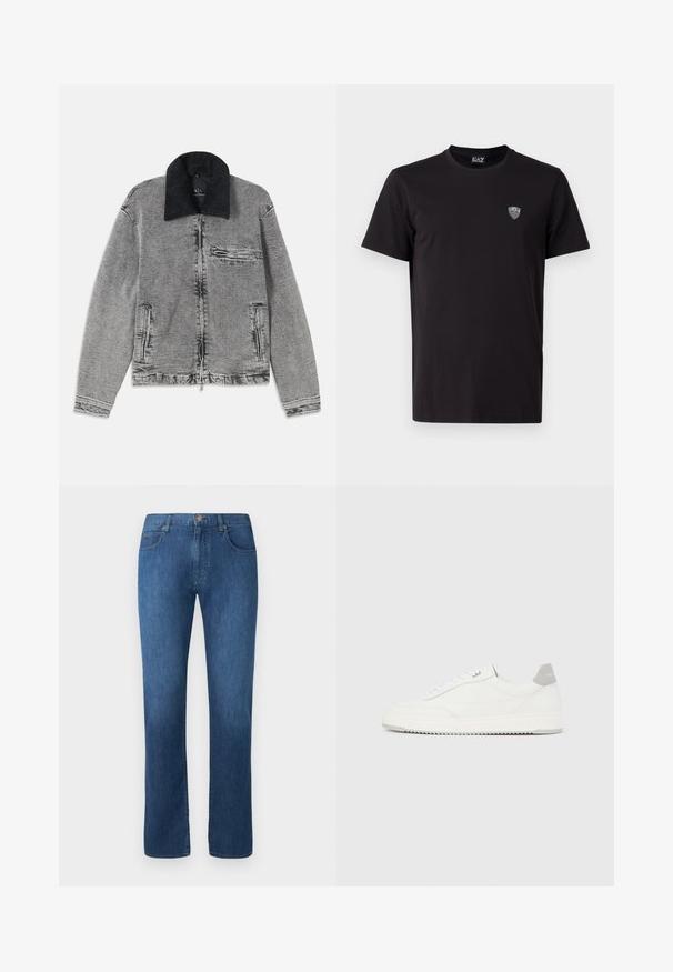 Sivá denim bunda s čiernym kordovým golierom, zipsovým zapínaním, jednou náprsní kapsou a dvoma bočnými vreckami. Textúrovaná tkanina so subtílnym vyblednutím.; Čierne tričko s krátkym rukávom vyrobené z hladkej tkaniny, s jemne vyšitým logom na ľavej hrudi a klasickým okrúhlym výstrihom.; Tmavomodré džínsy s rovnými nohavicami, piatimi vreckami a predným zapínaním na gombík. Hladká textúra a klasické švy.; Biela nízka teniska so sivým pätovým pásikom, bielymi šnúrkami a členitou podrážkou, zobrazená na jednoduchom svetlom pozadí.