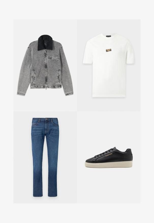Grå denimjakke med en sort kordfløjlskrave, lynlås-lukning, en brystlomme og to sidelommer. Tekstureret stof med subtil falmning.; Hvid T-shirt med korte ærmer med lille centralt logo, der viser en stiliseret ørn i beige og brun på brystet.; Blå denimjeans med lige ben, der har et klassisk design med fem lommer og knaplukning. Diskret falming over stofteksturområdet.; Sorte lædersneakers med en glat finish, kontrasterende cremefarvet sål, rund tå, guld logo på siden og seks huller til snørebånd.