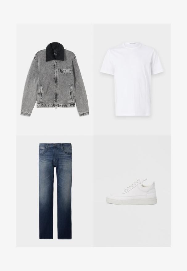 Grå denimjakke med en sort kordfløjlskrave, lynlås-lukning, en brystlomme og to sidelommer. Tekstureret stof med subtil falmning.; Hvid bomulds t-shirt med rund halsudskæring og korte ærmer. Glat tekstur, lige snit og minimalistisk design uden mønstre eller accenter.; Straight-leg jeans i mørkeblåt vask. Har fem lommer, lynlås og knaplukning. Let slidte tekstur ved låret. Denim stof.; Hvid lædersneaker med rundet tå, flad sål og snørebånd foran. Har syningsdetaljer og polstret krave for komfort.