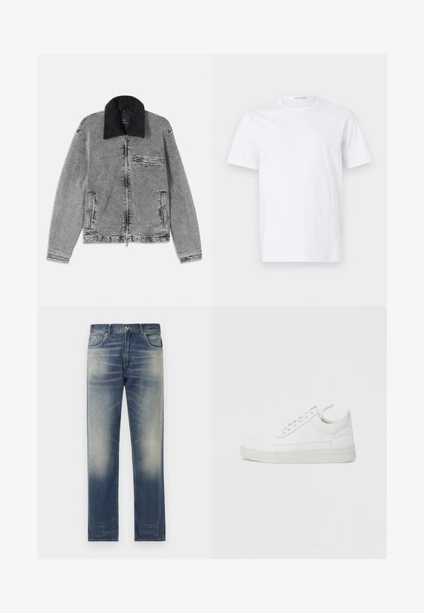 Grå denimjakke med en sort kordfløjlskrave, lynlås-lukning, en brystlomme og to sidelommer. Tekstureret stof med subtil falmning.; Hvid bomulds t-shirt med rund halsudskæring og korte ærmer. Glat tekstur, lige snit og minimalistisk design uden mønstre eller accenter.; Blå denim jeans med lige snit, der har en subtil forvitring og slidte detaljer foran, fem-lomme design og bæltestropper.; Hvid lædersneaker med rundet tå, flad sål og snørebånd foran. Har syningsdetaljer og polstret krave for komfort.