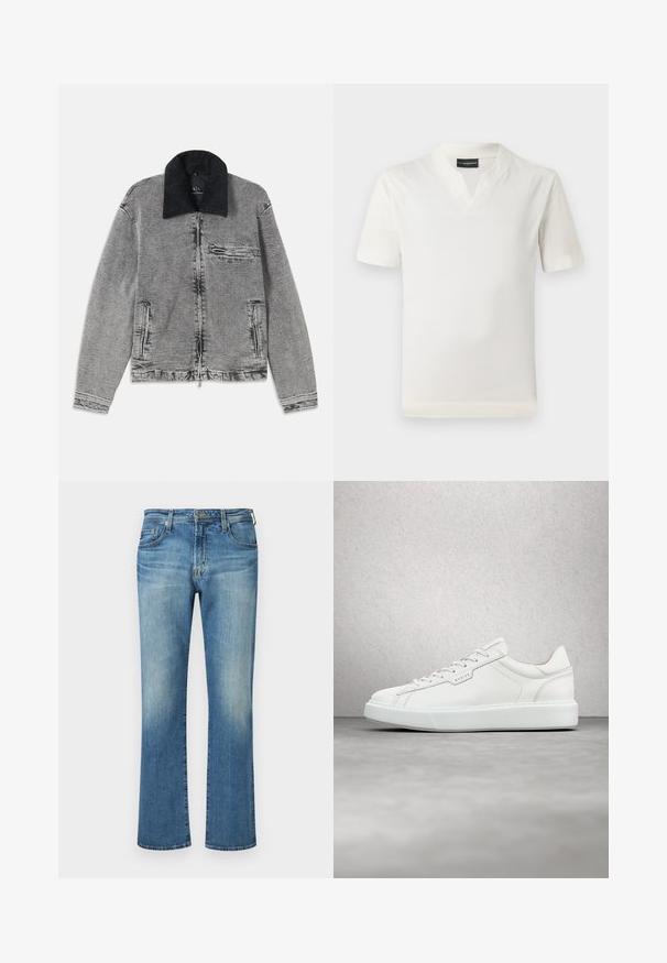 Grå denimjakke med en sort kordfløjlskrave, lynlås-lukning, en brystlomme og to sidelommer. Tekstureret stof med subtil falmning.; Hvid kortærmet t-shirt med v-hals design og blød tekstur. Enkel, lige pasform uden mønstre eller yderligere accenter.; Blå denimbukser, lige ben design med en falmet vask, med en klassisk fem-lommes stil og metalhardware detaljer.; Hvide lædersneakers med rund tå, flad snørebåndslukning og grå gummisål. Har diskrete syninger og et logoplacering.