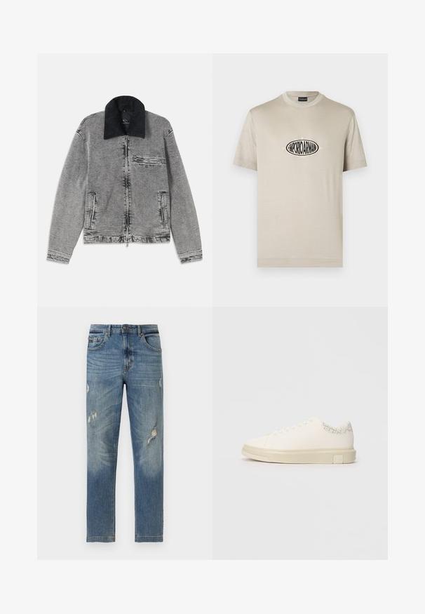 Grå denimjakke med en sort kordfløjlskrave, lynlås-lukning, en brystlomme og to sidelommer. Tekstureret stof med subtil falmning.; Beige bomulds-T-shirt med rund halsudskæring og korte ærmer, med et centralt sort logo med teksten "1981" og "MILANO" i creme.; Blå straight-leg jeans med falmet vask og slidte revner på lår og knæ, med for- og baglommer samt bæltestropper.; Hvide sneakers med en glat lærredsoverdel, flade snørebånd, polstret krave og en struktureret grå detalje bagpå. Kraftig gummisål.