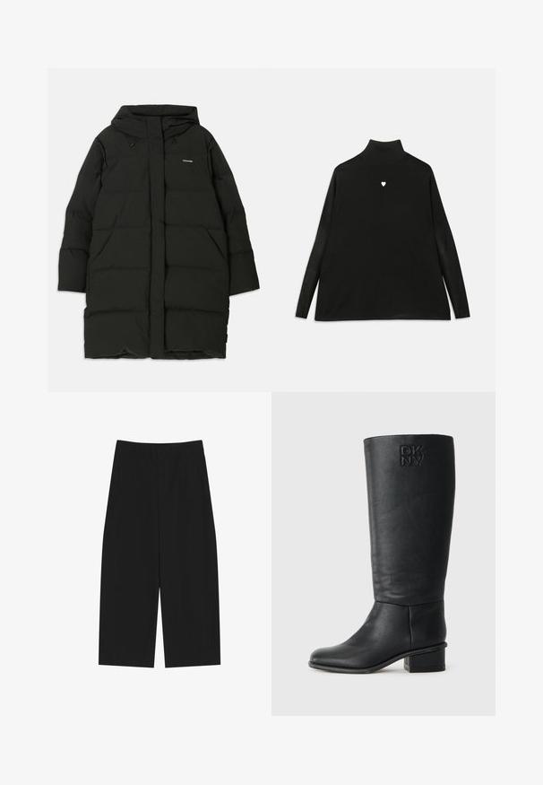 Doudoune noire avec capuche, de coupe droite, dotée de poches avant et d'une texture lisse. Logo embossé sur la poitrine.; Pull noir à col roulé avec manches longues, arborant un petit embleme en forme de cœur blanc sur la poitrine. Tissu doux et coupe décontractée.; Pantalon noir à jambes larges et courtes avec poches avant et passants pour ceinture, présenté sur un fond blanc.; Botte en cuir noire montant jusqu'au genou, avec une finition texturée, un bout rond et un petit talon bloc. Présente le logo DKNY embossé sur l'arrière de la tige.