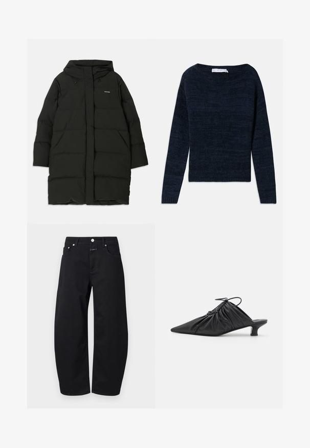 Doudoune noire avec capuche, de coupe droite, dotée de poches avant et d'une texture lisse. Logo embossé sur la poitrine.; Pull en tricot bleu foncé à manches longues avec un col rond, en tissu légèrement texturé et à coupe décontractée, posé à plat sur un fond blanc.; CLOSED JAZZIE - Jean boyfriend - black; Mules noirs en cuir à enfiler avec un bout pointu, une texture froncée et un petit talon aiguille. Présente un détail à cordon au niveau de l'ouverture.