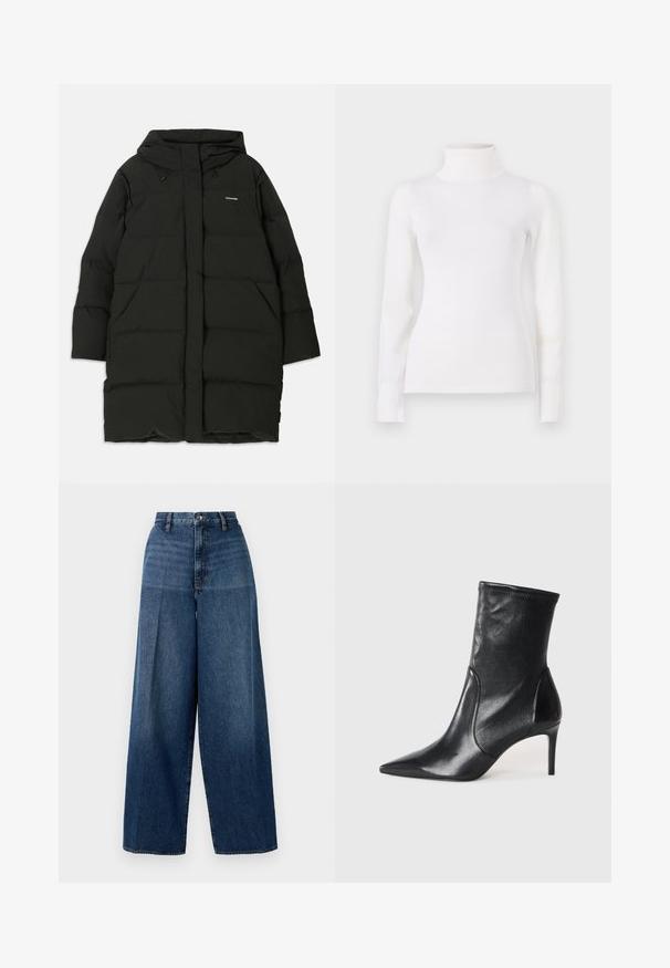 Doudoune noire avec capuche, de coupe droite, dotée de poches avant et d'une texture lisse. Logo embossé sur la poitrine.; Pull en col roulé blanc, taille ajustée, manches longues, texture douce, tissu lisse, detailing minimal, poignets et col côtelés.; Jeans en denim à jambes larges de couleur bleu foncé. Présentent une taille haute, une fermeture à glissière et une décoloration subtile. Fabriqués à partir d'un tissu en coton texturé.; Bottes noires à la cheville en cuir lisse, dotées d'un bout pointu, d'un tige ajustée et d'un talon haut fin. Design minimaliste sans quincaillerie visible.