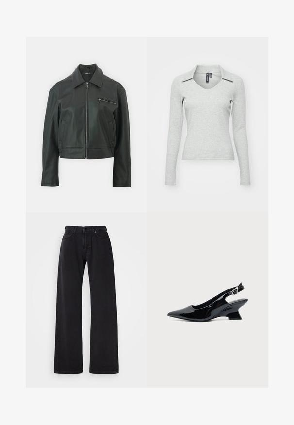 Chaqueta de cuero negra con cuello tipo solapa, cremallera frontal y un bolsillo lateral. Presenta un diseño cropped elegante y una textura suave.; Top de manga larga en un gris claro, con escote en V y cuello, fabricado en un suave tejido texturizado que presenta un diseño ajustado y un detalle mínimo.; Jeans negros de pierna ancha hechos de mezclilla, con un diseño clásico de cinco bolsillos y cierre de botón y cremallera. Textura suave con costuras sutiles.; Zapato slingback de cuero charol negro con puntera puntiaguda y tacón bajo en bloque inclinado sobre fondo claro liso.