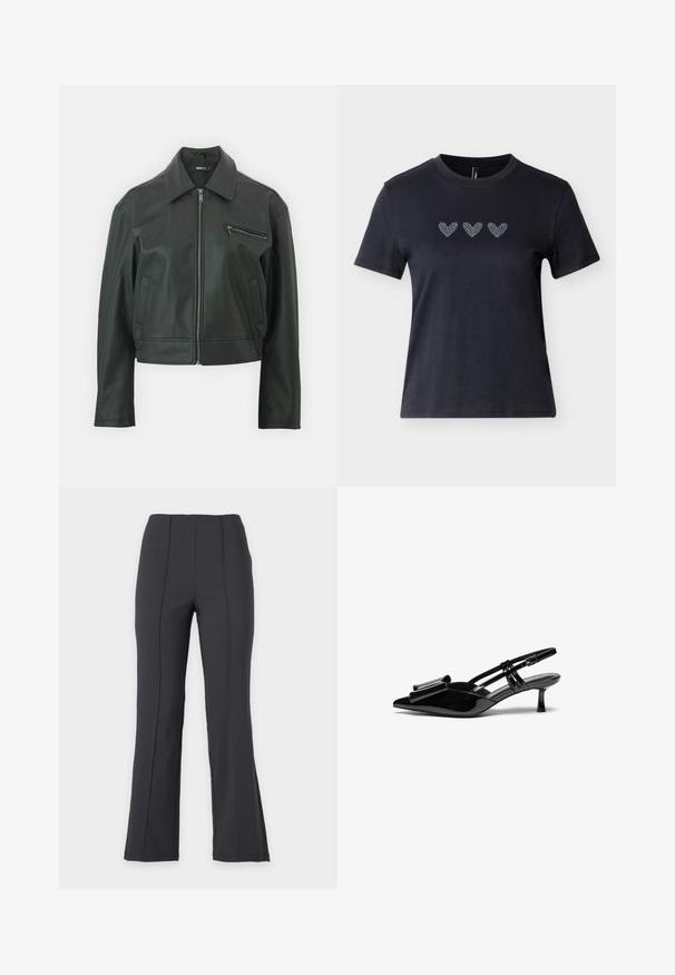 Schwarze Lederjacke mit Kragen, Frontreißverschluss und einer Seitentasche. Verfügt über ein elegantes, tailliertes Design und eine glatte Textur.; Schwarzes kurzärmliges T-Shirt aus Baumwolle mit drei Reihen von Herzmotiven aus Strasssteinen über der Brust, die eine glatte Textur zeigen.; Schwarze High-Waist-Hose mit geradem Bein und vertikalen Nähten vorne, vor einem schlichten, hellen Hintergrund präsentiert, ohne sichtbare Verschlüsse oder Taschen.; Schwarze Lackleder-Slingbacks mit spitzer Zehenpartie, einer Schleifendetail an der Vorderseite und einem kleinen Stiletto-Absatz. Die Riemen haben verstellbare Schnallen.